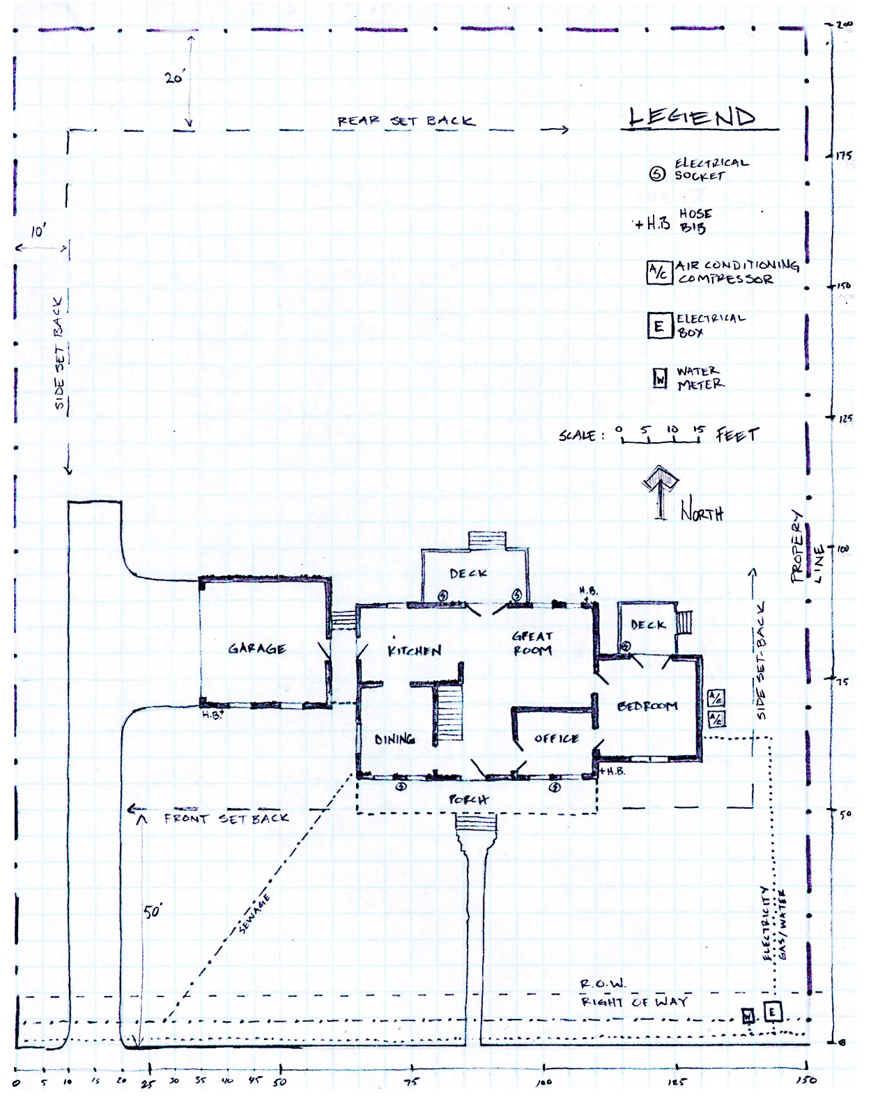 Example base plan drawing of a house and yard.